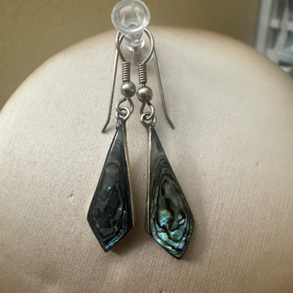 Vintage Alpaca Mexico Abalone Shell Inlay Dangle Earrings Diamond Shape 1970's